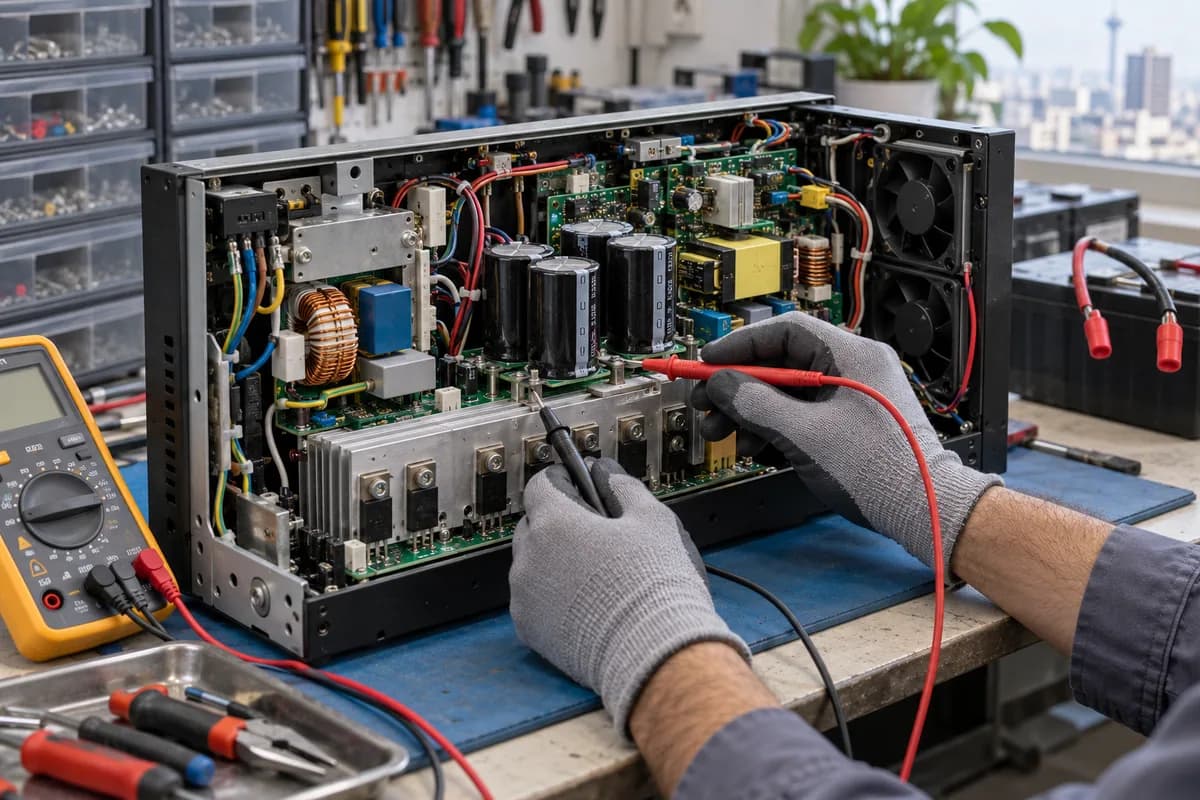 بازسازی تصویری عیب‌یابی یکسوساز و بخش قدرت UPS بازشده با مولتی‌متر
